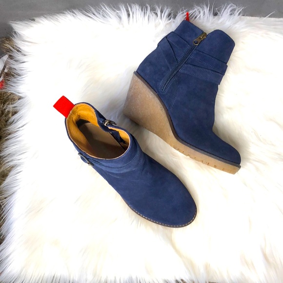 Boden blue suede wedge heels side zip buckle boots